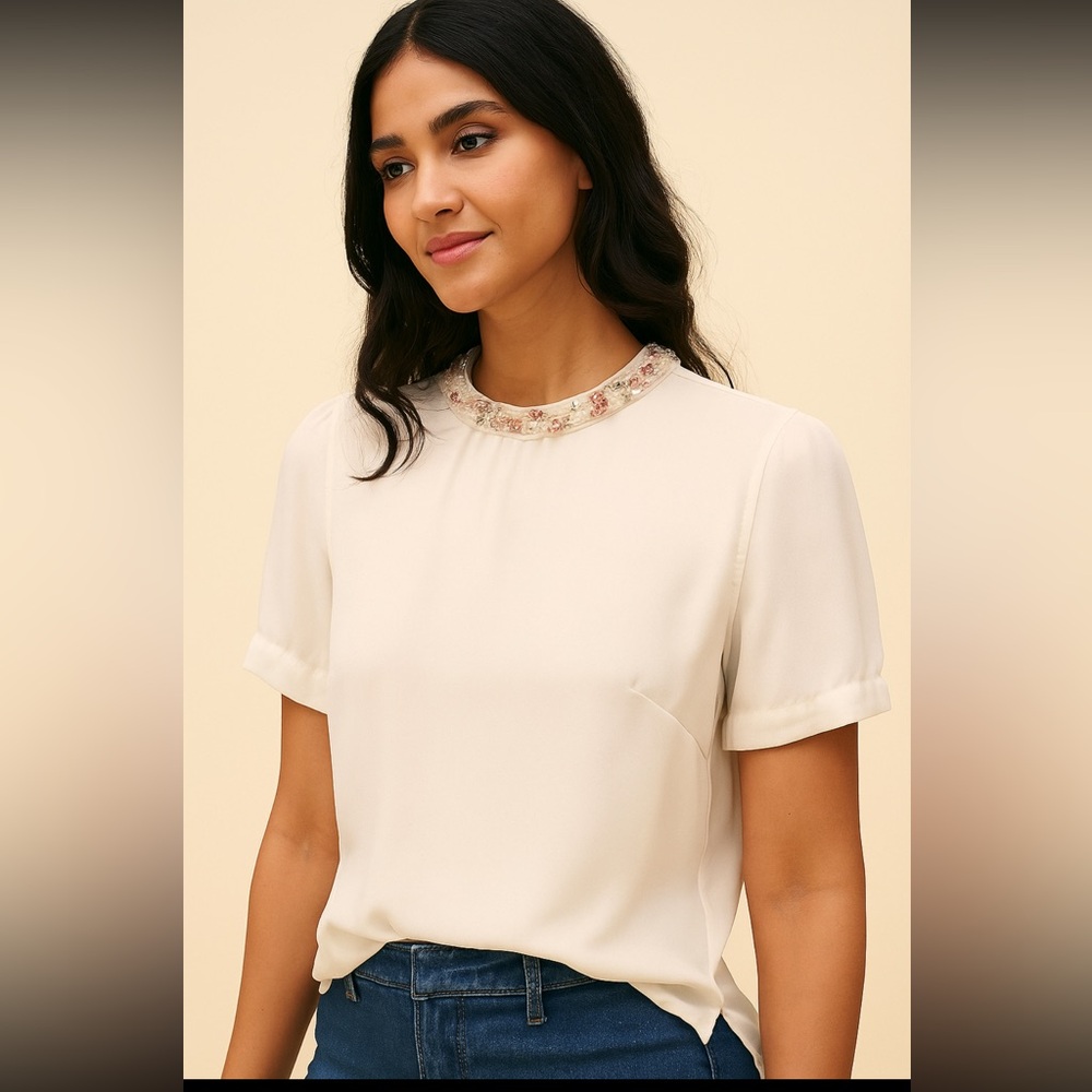 H&M White Puff Sleeve Ruffled Blouse